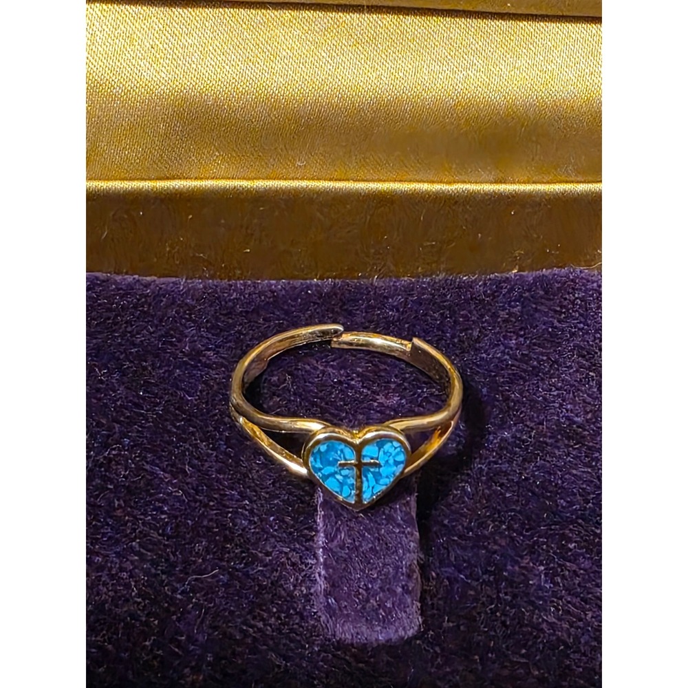 Vintage Style Gold Tone Adjustable Ring Turquoise Heart Cross Faith Jewelry